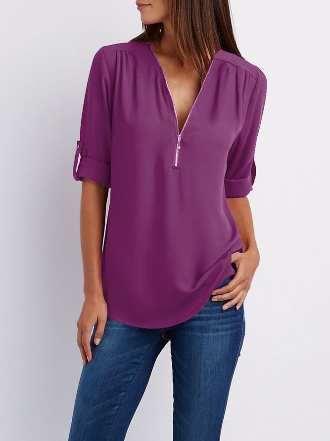 Womens Chiffon Half Sleeve Zipper Solid V Neck High Low Blouse